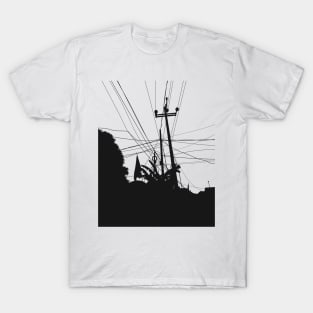 Silhouette of an electric pole with it messy wires T-Shirt